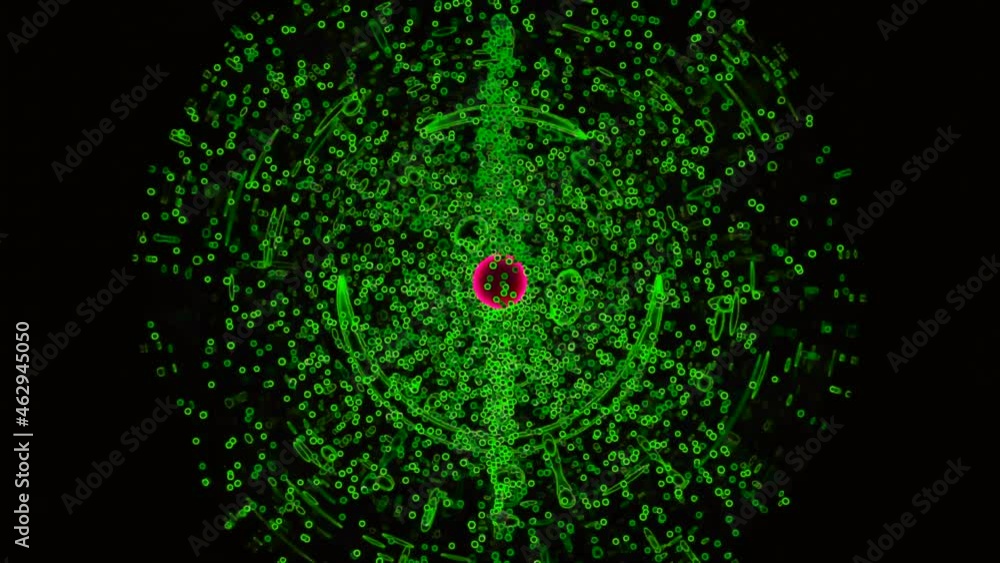 Poster colored circle with sphere of many moving particles. design. animation of chaotically fast moving pa