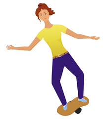 Cartoon vector illustration of young woman balancing on board. Girl  character on white background