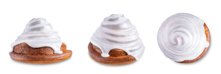 Roll cinnamon bun with weet sugar glaze on a white isolated background