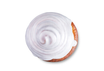 Roll cinnamon bun with weet sugar glaze on a white isolated background