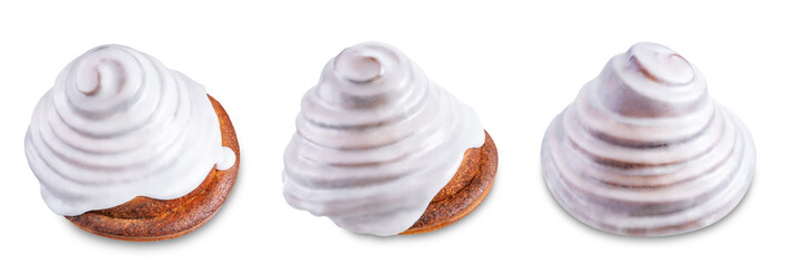 Roll cinnamon bun with weet sugar glaze on a white isolated background