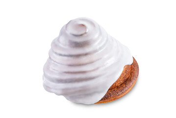 Roll cinnamon bun with weet sugar glaze on a white isolated background