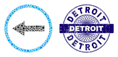 Geometric mosaic left rounded arrow, and Detroit unclean stamp seal. Blue stamp seal includes Detroit title inside round form. Vector left rounded arrow mosaic is done of randomized circle, triangle,