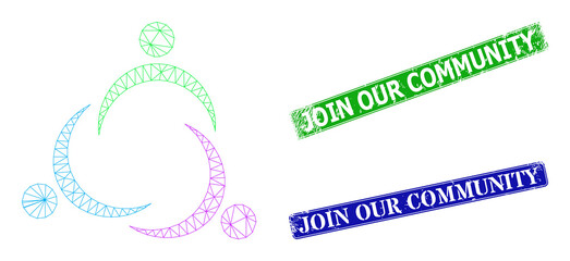 Polygonal community image, and Join Our Community blue and green rectangle dirty stamp seals. Mesh carcass illustration is based on community icon.