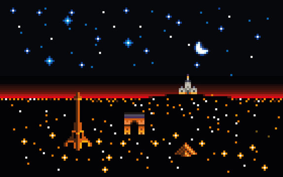 Paris at night pixel art 8 bit of parisian landscape with main monuments and landmarks, Triumphal arch, Eiffel Tower, Montmartre, Louvre Museum, retro gaming aesthetic