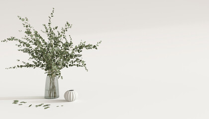 Obraz premium Minimal composition with plant closeup on background. Mockup scene with empty space for text. 3d render illustration for beauty presentation.