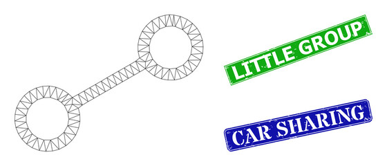Network link image, and Little Group blue and green rectangle corroded stamps. Mesh wireframe image based on link pictogram. Stamp seals include Little Group text inside rectangle form.