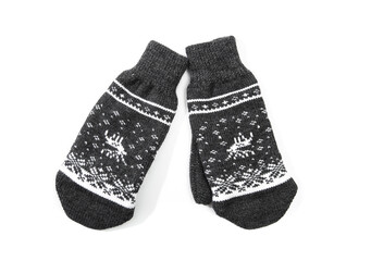 .knitted gray mittens with a pattern isolated - Image