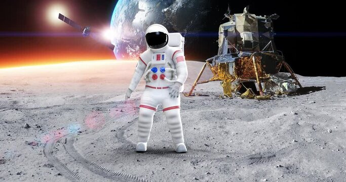 Astronaut Feeling Dizzy On A Planet Far From Earth. Planet Earth On Background. Space And Technology Related 3D Animation.