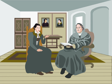 Martin Luther the German Reformer and his wife Katharina von Bora sitting inside the house talking.
Medieval married couple in a flat style image suitable for the Day of the Reformation, Protestantism