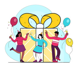 Friends celebrate girls birthday. Holiday every year, party. Celebration and entertainment concept. Many great gifts for young teen. Cartoon flat vector illustration isolated on white background