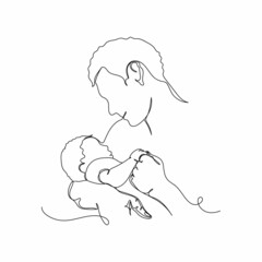 Continuous one single line father holding newborn baby fathers day concept in silhouette on a white background. Linear stylized.