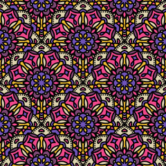 Abstract endless backdrop. Round multicolor texture in violet, pink and yellow colors. Mandala seamless background