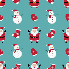 Christmas seamless pattern with snowman, Santa Claus and socks on blue background