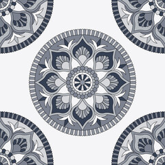 Abstract seamless mandala background. Texture in blue and grey colors. Oriental pattern for design, fashion print, scrapbooking
