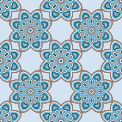 Abstract seamless backdrop. Design for prints, textile, decor, fabric. Round colorful texture in blue and brown colors. Mandala background