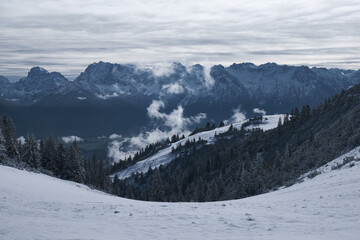 Fototapeta na wymiar View from moutain Wank to alps with snow