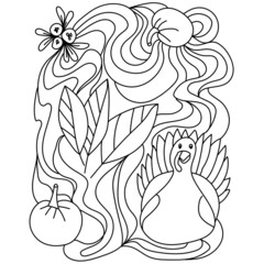Thanksgiving coloring page, turkey, cranberries and pumpkins with ornate patterns