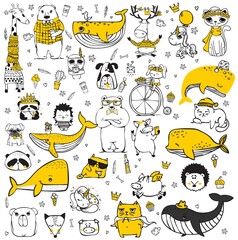 Vector set of doodle hipster animals. Perfect for greeting cards design, t-shirt prints and kid's posters.
