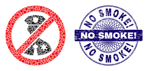 Geometric mosaic no police officer, and No Smoke! scratched stamp. Violet stamp seal includes No Smoke! tag inside round shape. Vector no police officer mosaic is composed of different round,