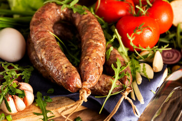 Homemade sausage - tasty traditional celebration food on old wooden table with vegetables: onions, garlic, cucumbers, tomatoes, arugula, eggs.