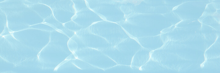 Water background. Blue swiming pool pattern with natural rippled water texture. Top view with copy space. Panoramic banner. Pantone spun sugar color - obrazy, fototapety, plakaty