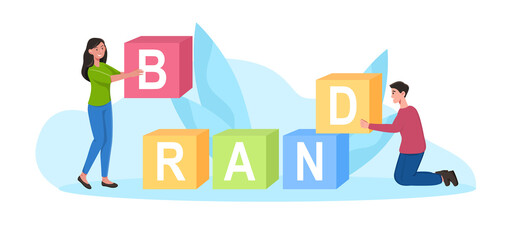 Word brand made from cubes. Man and woman carrying letters. Marketing, sales, business. Brand communication guideline metaphors. Cartoon flat vector illustration isolated on white background