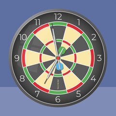 Time is the goal. Darts style decorative wall clock. Vector illustration. Isolated monochromatic background