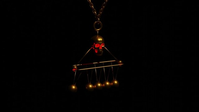 Close up of abstract bronze neckless with a skull and hanging spheres. Design. Pirate style jewelry isolated on a black background.