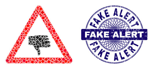 Geometric mosaic thumb down warning, and Fake Alert grunge seal imitation. Blue seal contains Fake Alert caption inside circle shape.