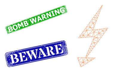 Mesh electric arrow image, and Bomb Warning blue and green rectangular unclean watermarks. Mesh wireframe illustration designed with electric arrow pictogram.