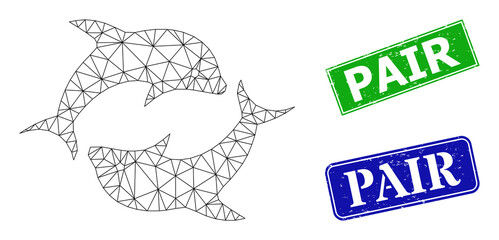 Triangular dolphin pair image, and Pair blue and green rectangular textured seal prints. Mesh wireframe image is created from dolphin pair icon. Stamps include Pair title inside rectangular frame.