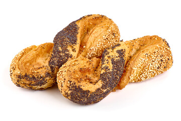 Wholegrain buns with poppy seeds and sesame, close-up, isolated on white background.