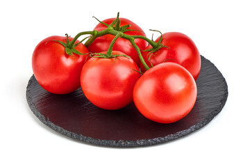 Tomato branch. Ripe fresh tomatoes, close-up, isolated on white background.