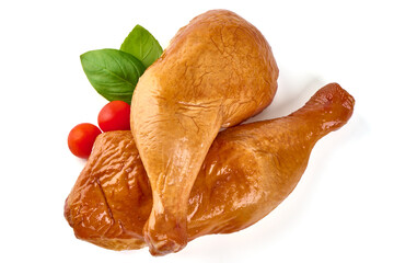 Smoked chicken legs, isolated on white background.
