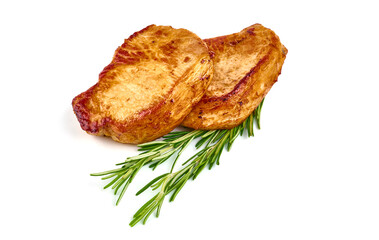 Juicy roasted pork steaks, isolated on white background.