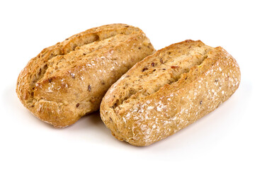 Freshly baked crispy bread rolls, close-up, isolated on white background.