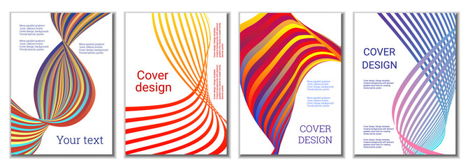 A set of 4 abstract covers. Wavy parallel gradient lines, ribbons evolve. Cover design, background. Trendy banner, poster.