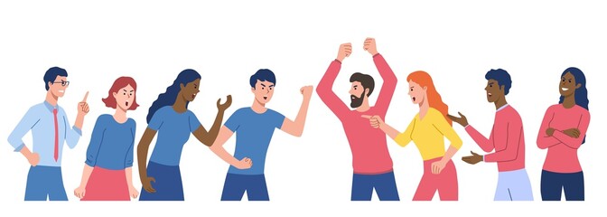 Group of men and women are arguing and fighting. Discussing social issues, shouting, gesturing. Concept of community disagreement, conflict problem discussion. Flat cartoon vector illustration
