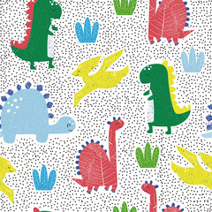 Seamless pattern with dinosaurs and tropical leaves. Cute childish print. Vector hand drawn illustration. - 462949869
