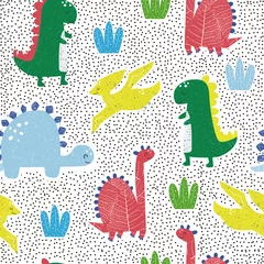 Seamless pattern with dinosaurs and tropical leaves. Cute childish print. Vector hand drawn illustration. © bilaaa
