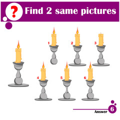 Educational game for children. Find two same pictures. Set of wax candles in metal candlesticks