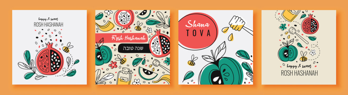Set with cute colorful rosh hashanah celebration postcards. Happy and sweet new year in hebrew. Shana tova traditional icons. Concept of jewish New Year symbols. Flat cartoon vector illustration