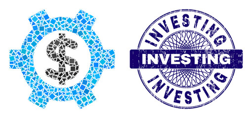 Obraz premium Geometric mosaic financial settings, and Investing textured seal print. Blue stamp seal includes Investing tag inside round shape. Vector financial settings mosaic is organized from randomized circle,