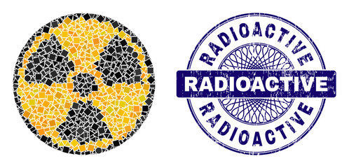 Geometric mosaic radioactive, and Radioactive unclean stamp seal. Violet stamp seal includes Radioactive tag inside round form. Vector radioactive mosaic is made with scattered spheric, triangle,