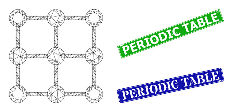 Polygonal grid centers model, and Periodic Table blue and green rectangular rubber seals. Mesh carcass symbol is designed with grid centers icon.