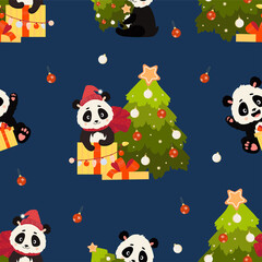 Seamless patterns with Christmas bear. Cute panda with gift and Christmas tree in Santa hat on dark blue background with Christmas balls. Vector illustration. For the New Year, decor and design.