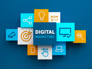 Top view of 3D render of business concept illustration with symbols on colorful cubes on dark blue background