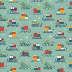 Santa Sleigh with Christmas presents vector seamless pattern. Gift boxes on sledge cute cartoon background. Flat simple retro color illustration. Winter holiday season, new year event design element