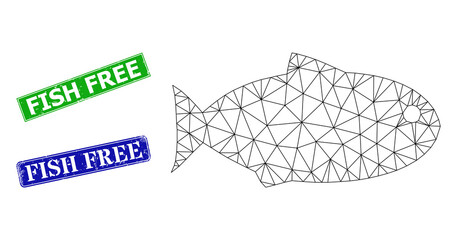 Mesh fish model, and Fish Free blue and green rectangular scratched stamp seals. Mesh carcass symbol is created from fish icon. Stamp seals include Fish Free caption inside rectangular frame.